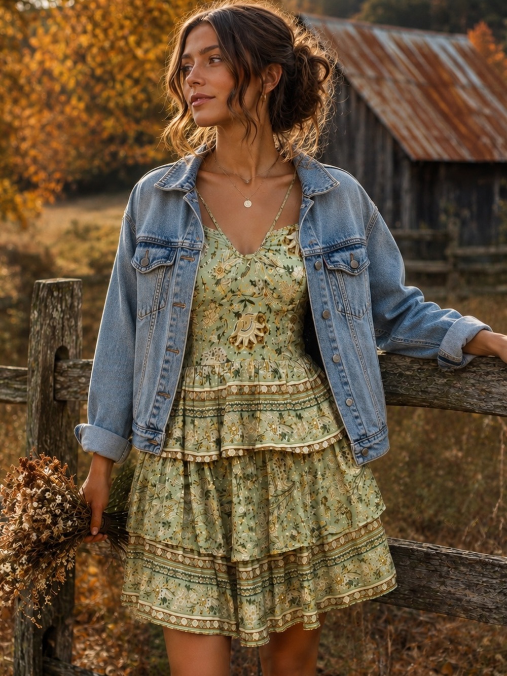 American Eagle Floral Tiered Mini Dress Sage Green Cottagecore Boho L - Picture 10 of 10